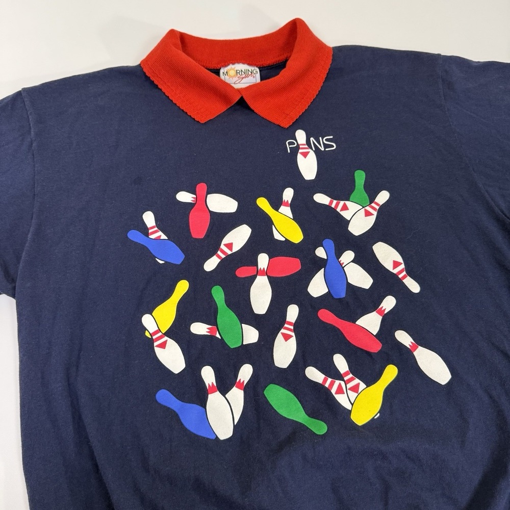 Vintage Morning Sun Bowling Polo Navy  Shirt Bowling Pins Size Large Made in USA